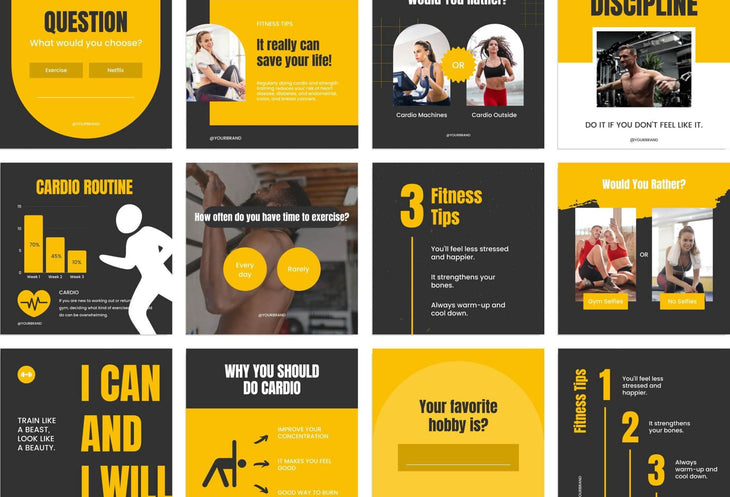 97 Done-for-You Black and Yellow Fitness Instagram Posts Canva Templates
