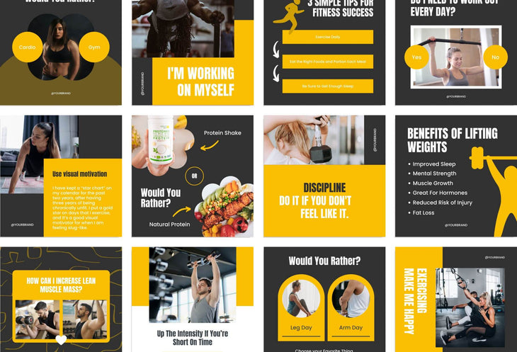 97 Done-for-You Black and Yellow Fitness Instagram Posts Canva Templates