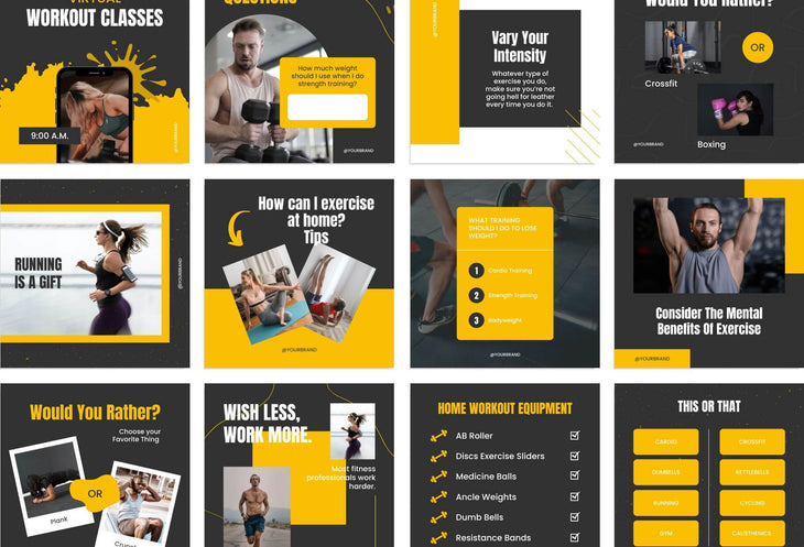 97 Done-for-You Black and Yellow Fitness Instagram Posts Canva Templates