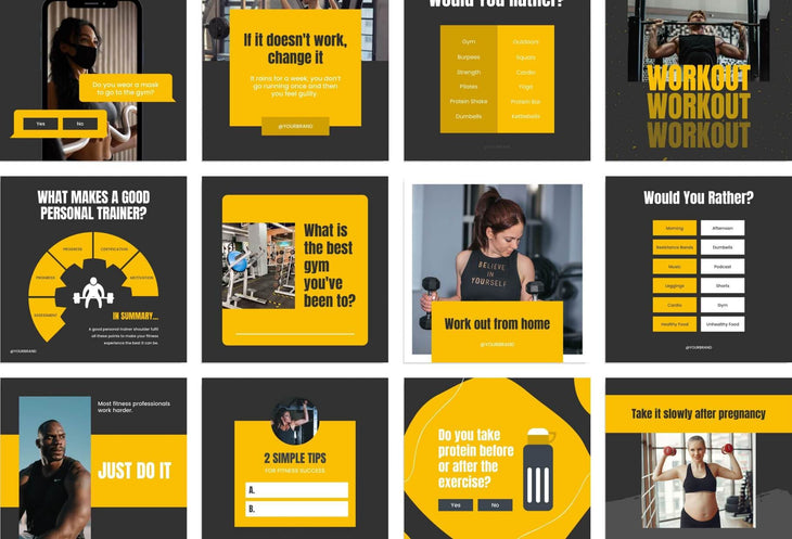 97 Done-for-You Black and Yellow Fitness Instagram Posts Canva Templates