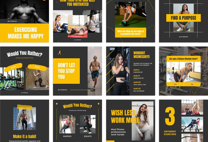 97 Done-for-You Black and Yellow Fitness Instagram Posts Canva Templates