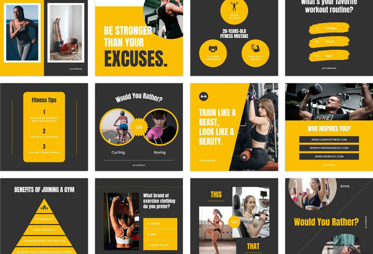 97 Done-for-You Black and Yellow Fitness Instagram Posts Canva Templates