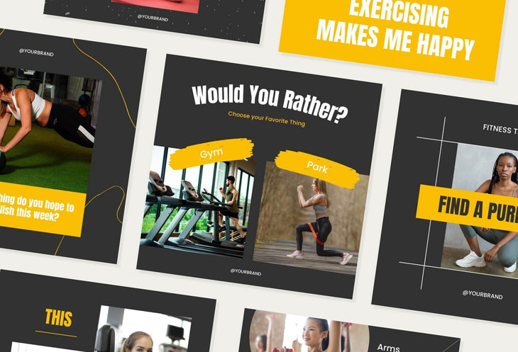 97 Done-for-You Black and Yellow Fitness Instagram Posts Canva Templates