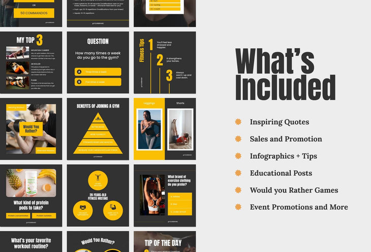 97 Done-for-You Black and Yellow Fitness Instagram Posts Canva Templates