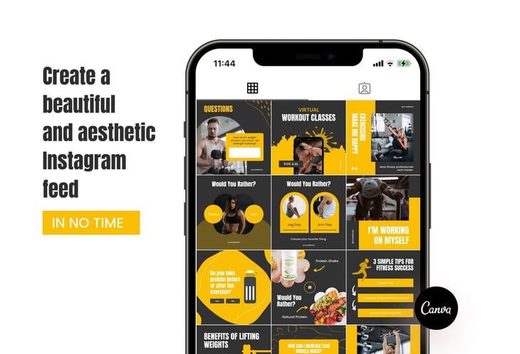 97 Done-for-You Black and Yellow Fitness Instagram Posts Canva Templates