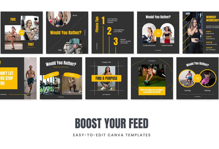 97 Done-for-You Black and Yellow Fitness Instagram Posts Canva Templates