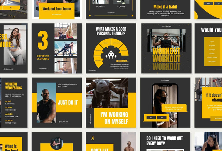 97 Done-for-You Black and Yellow Fitness Instagram Posts Canva Templates