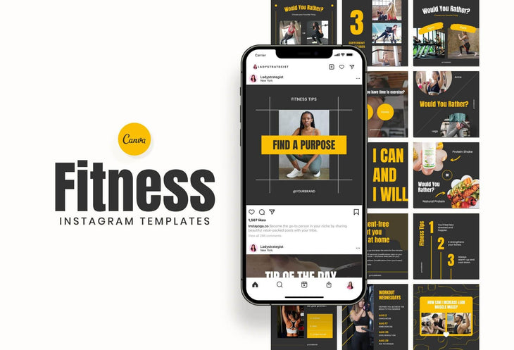 97 Done-for-You Black and Yellow Fitness Instagram Posts Canva Templates