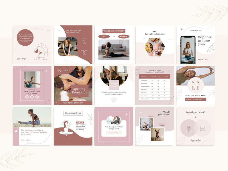 97 Yoga Social Media Canva Templates Bundle Rose