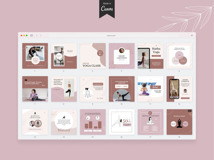 97 Yoga Social Media Canva Templates Bundle Rose
