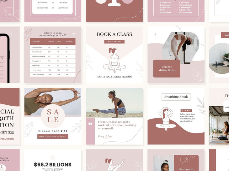 97 Yoga Social Media Canva Templates Bundle Rose
