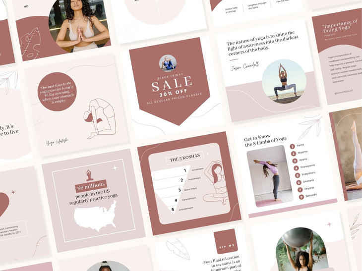 97 Yoga Social Media Canva Templates Bundle Rose