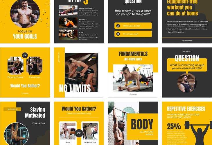 97 Done-for-You Black and Yellow Fitness Instagram Posts Canva Templates
